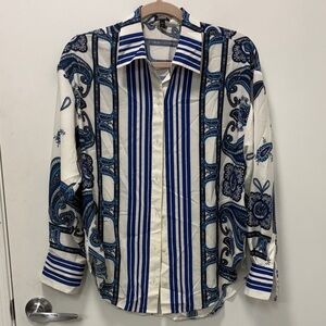 Express Blue and White Paisley Button Down Shirt